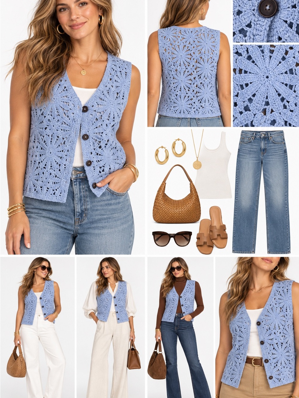NWT art class Light Blue Crochet Button Vest (Runs Small)